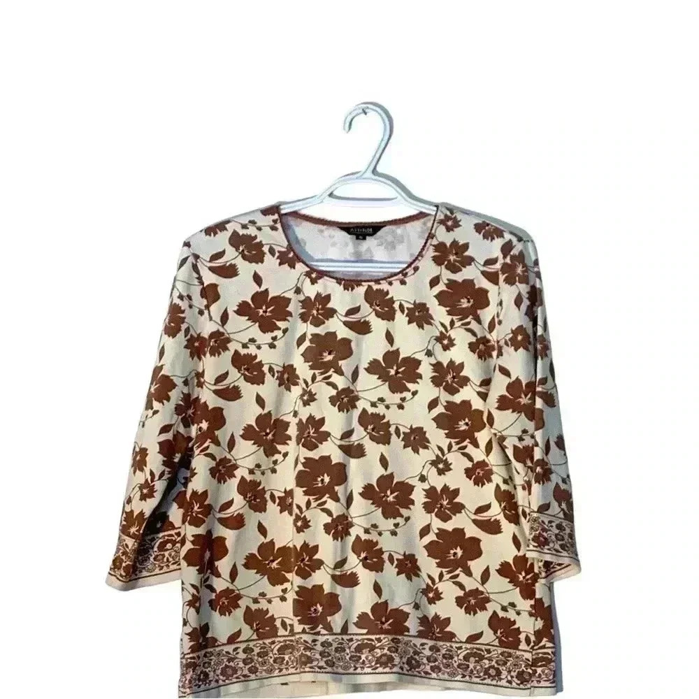 Attitude Cream w/ Brown Flowers top, 3/4 sleeves, Size Small